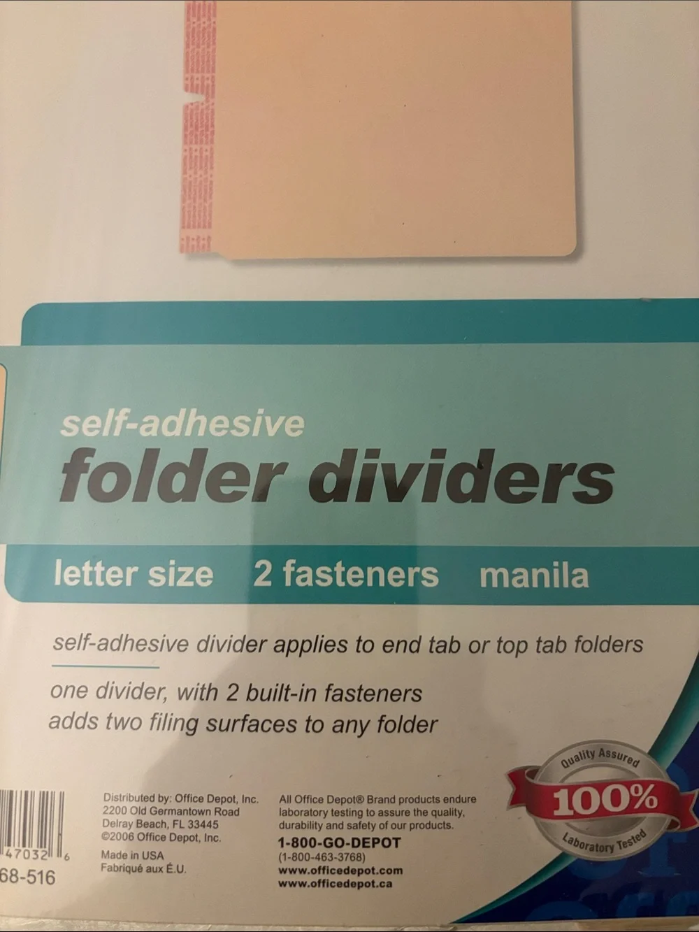 Office Depot Manila Self-Adhesive Folder Dividers - Manila, 25 Count letter size
